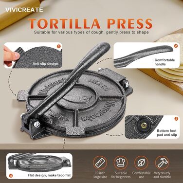 Прес для тортилій з чавуну Vivicreate, 19,1 см. Прес для тіста, роті, мексиканської кухні