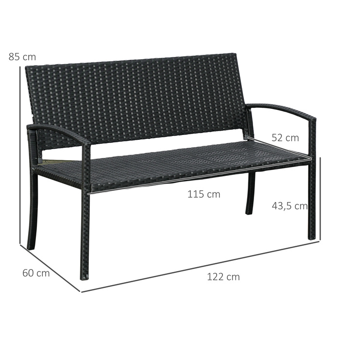 Садова лавка Outsunny Poly Rattan 2-місна паркова лавка зі сталевим каркасом і плетеним чорним W122 x D60 x H87 см для саду та патіо