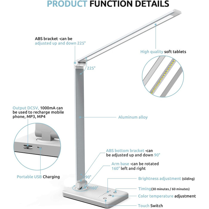 Світлодіодна настільна лампа Angdarun, з можливістю затемнення, USB, 5 кольорів, 10 рівнів яскравості, сенсорний, складний, сріблястий
