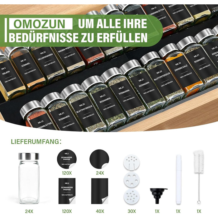 Набір скляних банок для спецій 24 шт. з етикетками: скляні дозатори для спецій 120 мл з ситечком, водостійкі етикетки, органайзер для спецій у шухляду, чорний колір (скло)