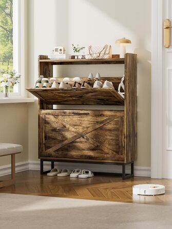 Шафа для взуття з 2 відкидними дверцятами, полиця для взуття в передпокій, вузька шафа-кіпер для взуття з 4 полицями, тумба для взуття з металевими ніжками, органайзер для взуття з дерева для стіни, 80x23,8x101,7 см, Білий (Коричневий)