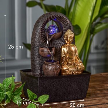 Джерело води Zen'Light від Zimmerbrunnen з Буддою та LED-підсвічуванням. Сучасна декорація для медитації та релаксації. Об'єкт Фен-Шуй, висота 26 см, колір горіх (Bhava)