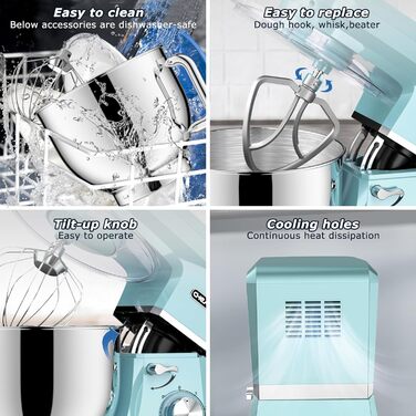 Кухонна машина Cheflee 2000W: потужна планетарна міксер для тіста та збивання, 6 швидкостей, 7.2 л чаша з нержавіючої сталі, гак для тіста та вінчик, захист від бризок (блакитна)