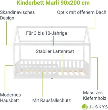 Дитяче ліжко Juskys Marli 90 x 200 см із захистом від падіння, рейковим каркасом і дахом - Дитяче ліжко з масиву дерева - Ліжко в білому кольорі