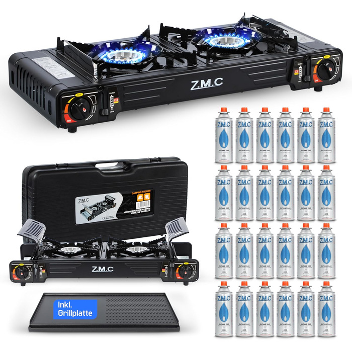 Преміум туристичний газовий набір ZMC: 2-конфортний газовий нагрівач 2,5 кВт з Piezo-запалюванням та валіза для транспортування | Для кемпінгу, балкону та дому | Включає гриль-плиту 45×24 см та газові картриджі 227г