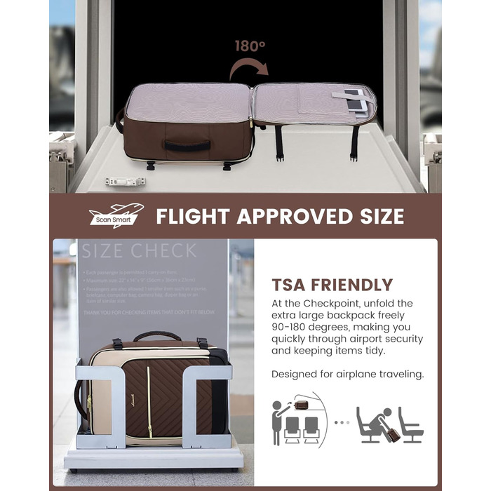 LOVEVOOK Рюкзак для ручної поклажі 40L, жіночий, для подорожей, великий, сумка-рюкзак для ручної поклажі в літак, для ноутбука, водонепроникний, рюкзак для подорожей, з косметичкою, сумка Weekender для подорожей, ділових поїздок (17.3 дюймів, Коричневий, 