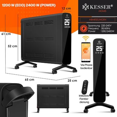 Конвектор KESSER Premium 1200 Вт ECO 2400 Вт Режим потужності Налаштування тепла Термостат Електричний обігрівач Додаток WiFi і пульт дистанційного керування Таймер із сенсорним дисплеєм Мобільний обігрівач Енергозберігаючий захист від перегріву Чорний