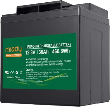 Акумулятор Miady 12V LiFePO4 із захистом BMS, 3000 циклів, для сонячної системи, ехолота, автофургону, човна (36 Ач)