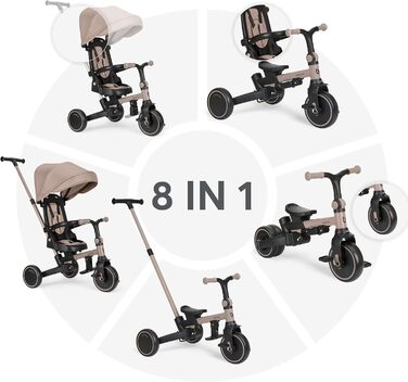KikkaBoo Триколісний велосипед 8-в-1 з ручкою для батьків Aluma (Бежевий) від 1 року. Дитячий велосипед з поворотним сидінням, ременем безпеки, алюмінієвою рамою.