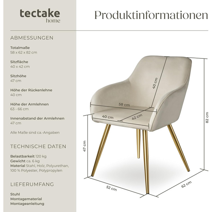 Крісло tectake® Esszimmerstuhl: зручне крісло з підлокітниками, м'яке крісло з оксамитової тканини, крісло для вітальні, їдальні, сучасні кухонні стільці, офісне крісло, кремово-золотий колір, 1 шт.