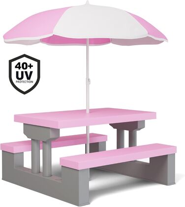 Дитячий набір меблів для пікніка Spielwerk®: стіл, стільці, парасолька від сонця. ABS пластик, вологостійкий, рожево-сірий, для саду та вулиці.