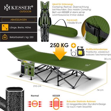 Кемпінгове ліжко KESSER Табірне ліжко Розкладне ліжко Кемпінговий шезлонг з сумкою для перенесення, кемпінговим світлом бічною сумкою Міцне похідне ліжко 250 кг Завантажувана металева труба 600D Оксфордська тканина Портативний шезлонг для подорожей Комфор
