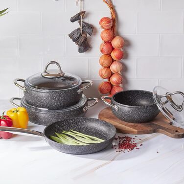 Новий органічний граніт KARACA Avanos з 7 предметів, набір для приготування їжі, з антипригарним покриттям, набір для каструль зі скляними кришками, набір для намотування