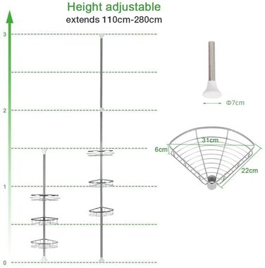 Полиця для душу THINFAR, полиця для ванної з 4 піддонами, душова кабіна, свердління не потрібно, телескопічна полиця для душу з нержавіючої сталі нержавіюча сталь регульована по висоті 110-280 см (3 ступені)