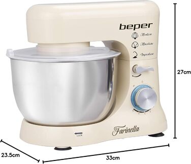 Міксер планетарний BEPER BP.200, 1000 Вт, 4.5 л, нержавіюча сталь, для замішування, подрібнення, приготування тіста, кремового кольору