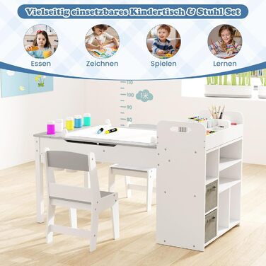 Дитячий стіл COSTWAY 3 в 1 з 2 стільцями, мольберт, органайзер, сірий (120x60x60 см)