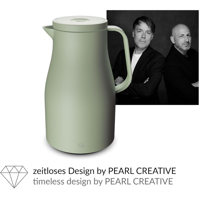 Термос Alfi ECONSCIOUS 1.0л, туманно-зелений, з ізоляцією, з вбудованим скляним вставкою, з біо-пластику, з кришкою-вертушкою, з кнопкою, для зручного наливання однією рукою, ідеальний для кави та чаю, без BPA