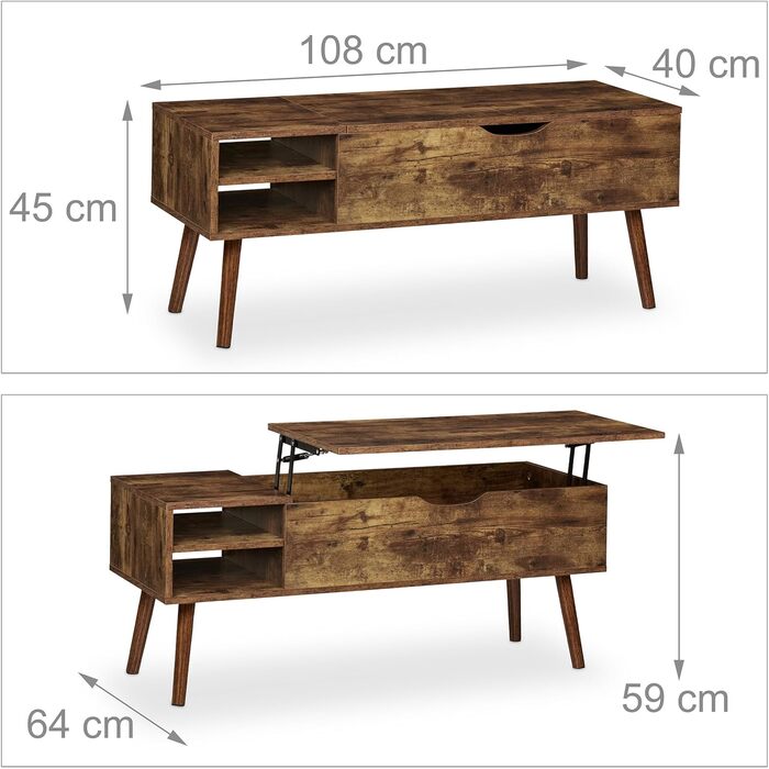 Журнальний столик Relaxdays з підйомною стільницею та двома відкидними полицями, коричневий, 45x108x40 см, індустріальний стиль