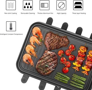 Ракле Грати для 8 осіб з антипригарним покриттям, 1500W, з міні-сковорідками та дерев'яними шпателями