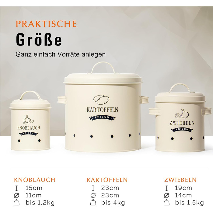 Набір контейнерів для картоплі Theo&Cleo, ретро дизайн, металевий контейнер для зберігання картоплі, кухове зберігання, бежевий колір