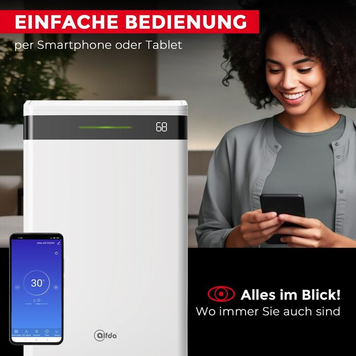 Електричний осушувач повітря AEF2000 - 20 л/день, до 30 м², тихий, з автовимкненням, гігростатом та сенсорним дисплеєм. Ідеально для спальні та ванної кімнати. З керуванням через додаток.