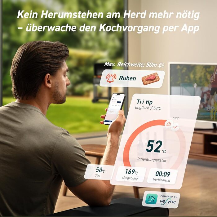 Термометр для м'яса COSORI Smart - бездротовий, Bluetooth, для фритюрниці, приготування на грилі та духовці, чорний