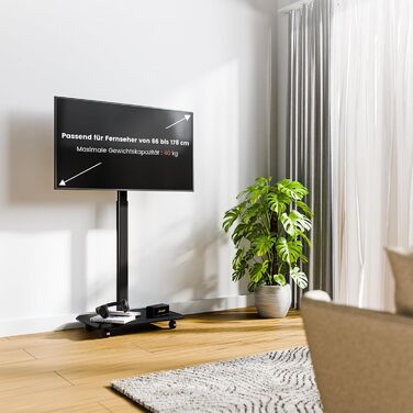 Підставка для телевізора NearHub, регульована по висоті, поворотна на 360°, з колесами, кут повороту +/-25°, VESA 100x100 - 600x400, для екранів 26-70 дюймів, максимальне навантаження 40 кг, чорна