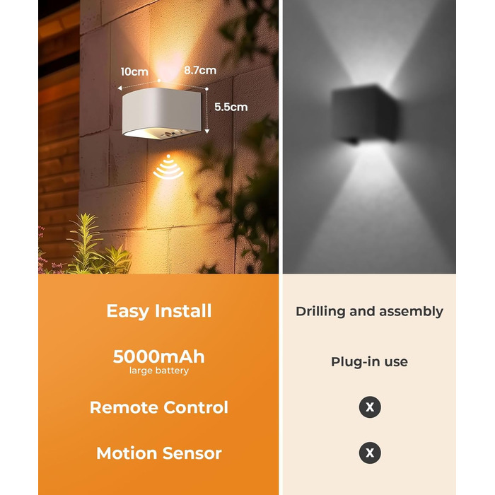 Акумуляторний світлодіодний настінний світильник для приміщень з датчиком руху, пульт дистанційного керування, 3 кольори, 2 шт. и (білий)