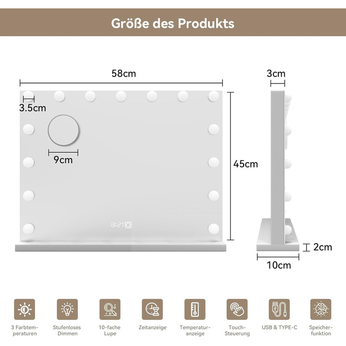 Дзеркало для макіяжу YU YUSING з підсвічуванням 58x45 см, 15 LED, 3 кольори, 10x збільшення, USB Type-C, для ванної кімнати та туалетного столика