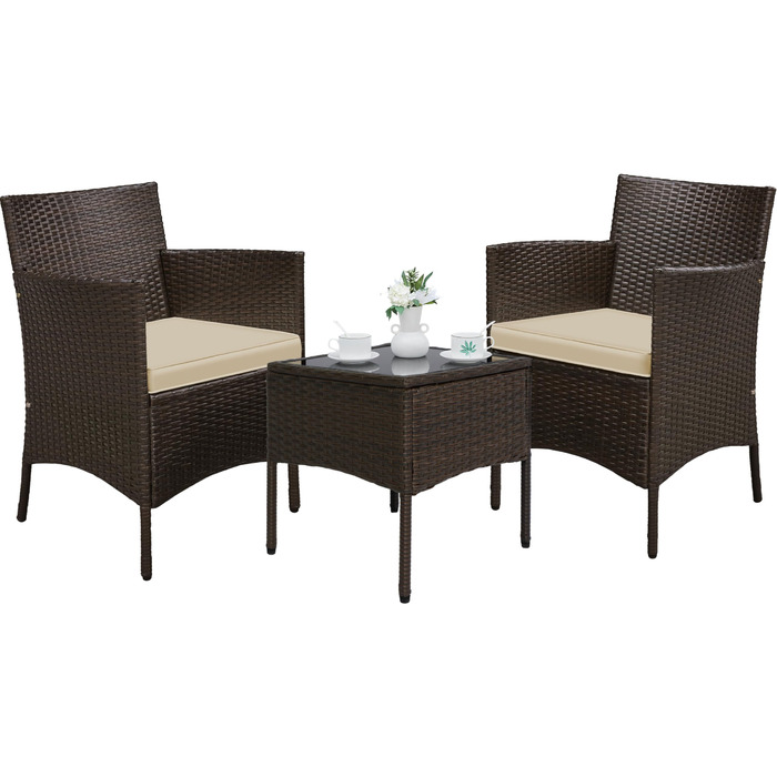 Набір садових меблів Yaheetech з поліротангу для балкона та саду: стіл та 2 крісла з подушками, коричневий