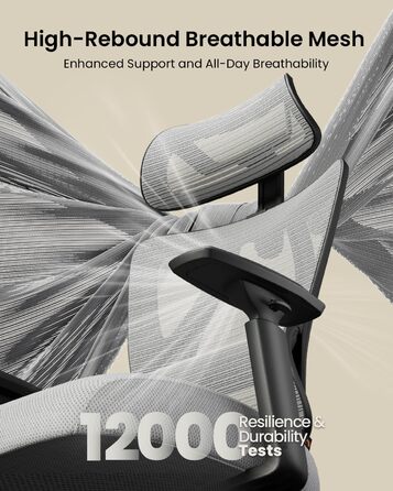 Офісний крісло ProtoArc EC100 сірого кольору з товстим пружинним сидінням, підтримкою попереку, регульованими підлокітниками та підголівником, сітчасте крісло для дому та офісу