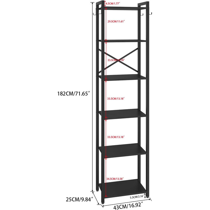 Книжкова шафа YMYNY 5 ярусів, сталевий каркас, індустріальний стиль, 4325182 см, чорний
