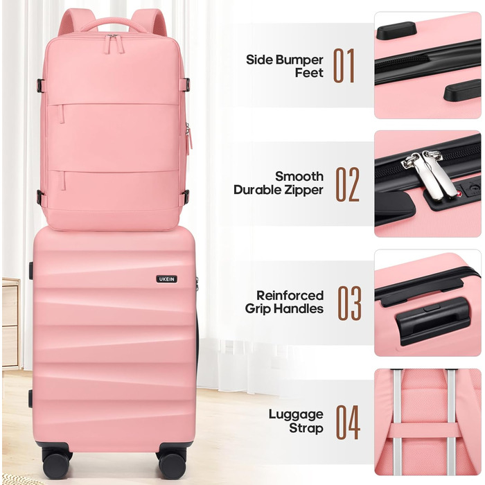 Набір валіз з рюкзаком UKEIN: рожевий, 3 шт. (20 дюймів), з полікарбонату, з TSA-замком, з обертовими колесами, сумісний з авіакомпаніями