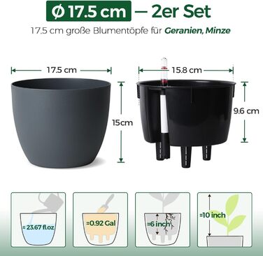 Автоматичний горщик для квітів з індикатором рівня води, 2 шт. - ідеально для зайнятих людей та початківців, підходить для монстери та розмарину (сірий, 17,5 см)