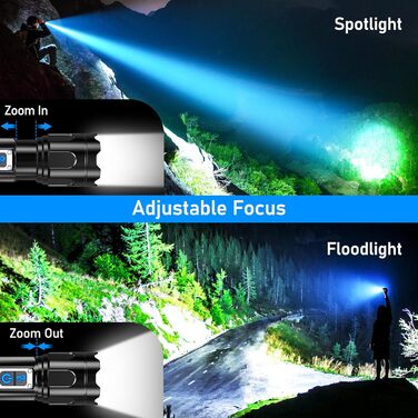 Ліхтар Blukar LED з двома температурами світла, бічним COB-підсвічуванням, регулюванням яскравості та зумом, акумуляторний, водонепроникний, 7 режимів, чорний