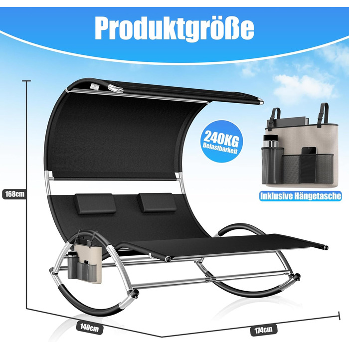 Кесер® Подвійна шезлонг для відпочинку з сонцезахисним дахом, подушкою для голови та кишенею для 2 осіб, чорний