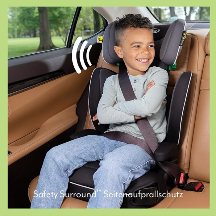 Автокрісло Graco Logico™ L i-Size R 129: 3,5-12 років, 100-150 см, регульовані підлокітники, знімний чохол, кріплення ременем безпеки, чорний колір, Midnight