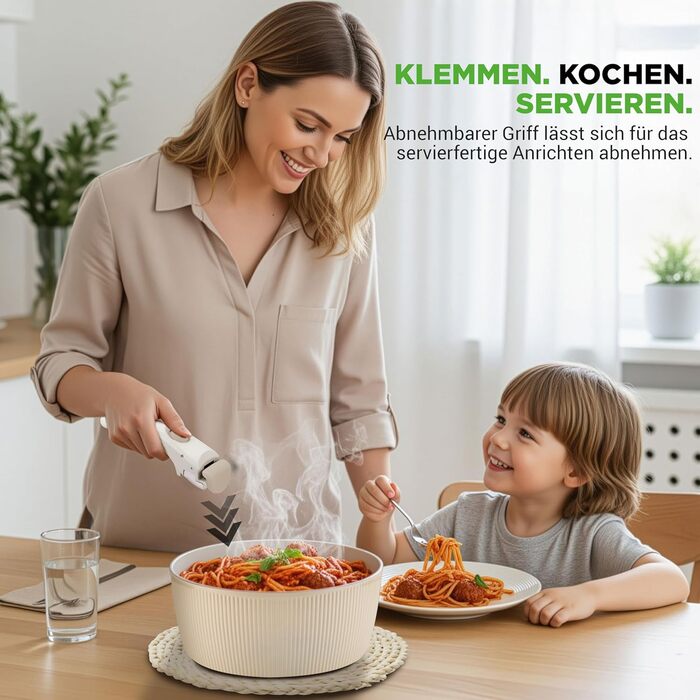 Набір посуду NutriChef 18 частин з кераміки кремового кольору з знімними ручками. Підходить для індукційних плит, всіх типів плит, духовок. Антипригарне покриття, компактний, можна складати.