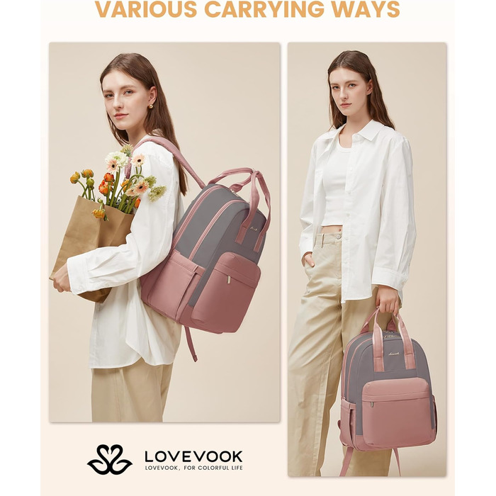 Сумка-рюкзак LOVEVOOK для жінок, з відділенням для ноутбука, водонепроникна, для подорожей, роботи, навчання, універсальна, 1-hellgrün-beige (15,6 дюймів, сіро-рожевий)