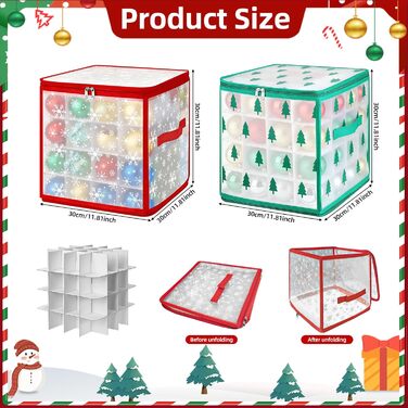 Коробка для зберігання новорічних кулічок, 2 шт, 128 відділень по 7 см, водонепроникна, знімні лотки, для прикрас ялинки (30x30x30 см)