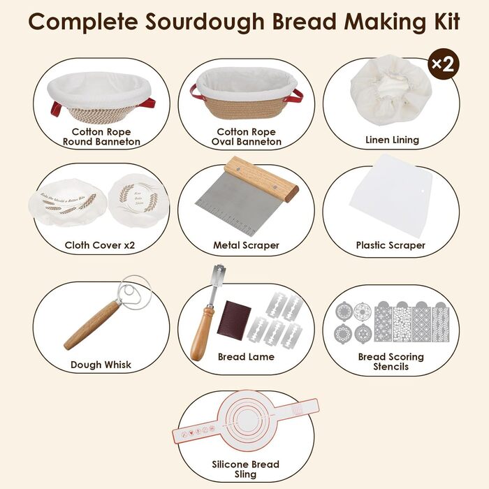 Набір для випічки хліба: корзинка з бавовняного шнура, набір для закваски, аксесуари для випічки, дріжджовий міксер, скребок для тіста, для початківців