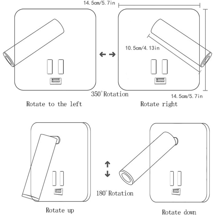 Приліжкова лампа TWSXTE Поворотний настінний світильник з USB-зарядкою для спальні прожектор для спальні для читання 3000K (3 Вт 10 Вт) Usb квадратний чорний