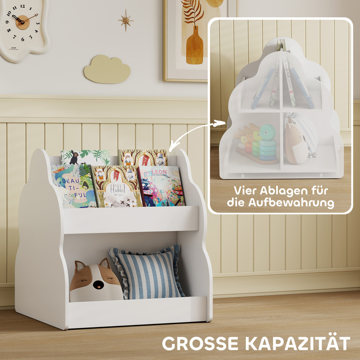Дитяча полиця AIYAPLAY, 2-ярусна полиця для дитячих книжок на коліщатках, з 4 полицями, для дитячої кімнати, ігрової кімнати, 54x50x56 см, білий