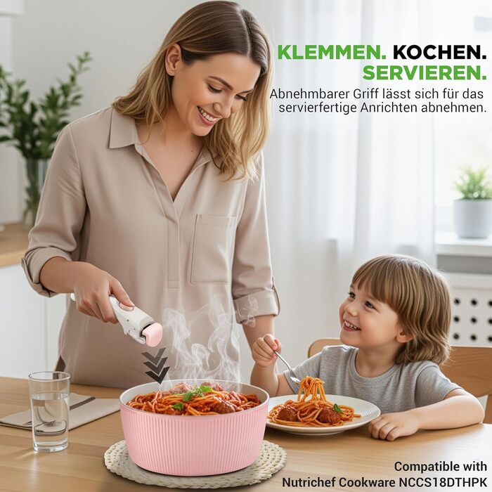 Набір посуду NutriChef 18 предметів з кераміки з знімними ручками, антипригарне покриття, для всіх типів плит, включаючи індукцію, сумісний з духовкою, рожевий колір