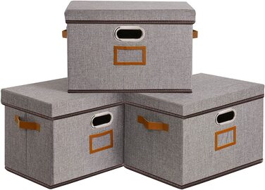 Ящик для зберігання OUTBROS з кришкою і ручкою, складаний ящик для зберігання з тканини кошика для зберігання з кишенею для етикеток, органайзер для іграшок, одягу, книг, 32 х 23 х 20 см 3 шт. (сірий, великий (3 упаковки))