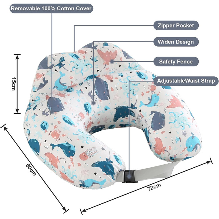 Багатофункціональна подушка для годування з бавовняним чохлом, який можна прати (морські тварини)