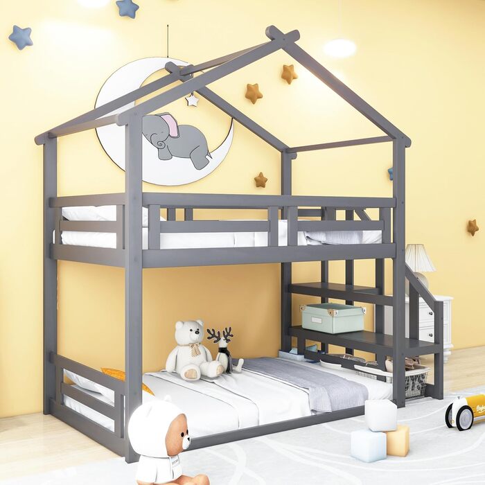 Двоярусне ліжко для дітей з сходами, біле (90x200 см), без матраца