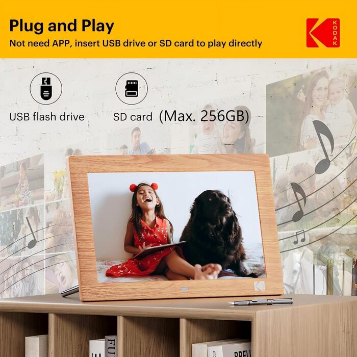Цифровий фотоальбом KODAK 10 дюймів з пультом, без Wi-Fi, IPS-дисплей 1280x800, відтворення фото/відео/музики, USB/SD, дерев'яний корпус