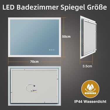 LED дзеркало для ванної кімнати 80x60 см з підсвічуванням, 3 кольори світла, регулювання яскравості, антизапарююча функція, сенсорне керування, пам'ять, IP44, вологостійке