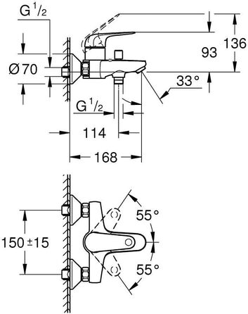 Змішувач для ванни Grohe Swift, хром, з інструментом, настінний, з автоматичним перемиканням ванна/душ, з зворотним клапаном, з металевими важелями, S-з'єднання, 24335001